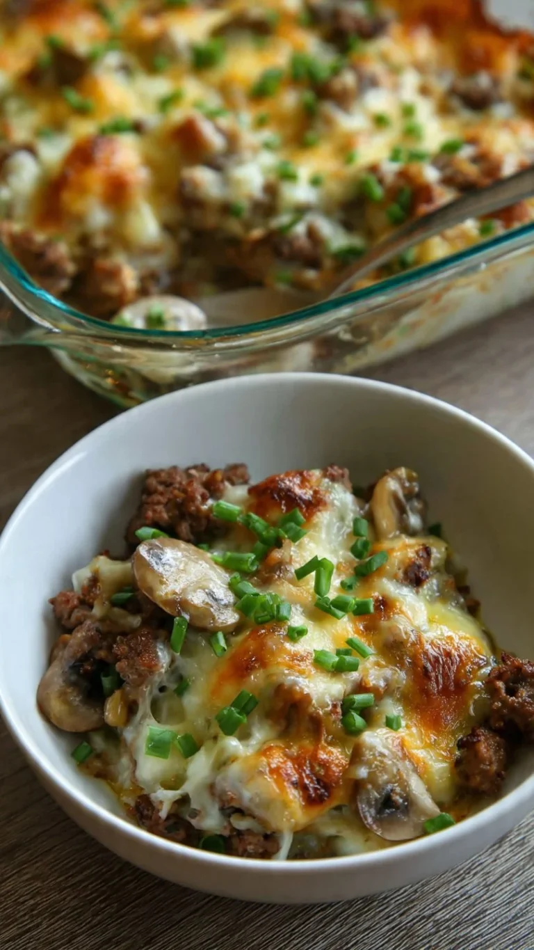 Delicious Mushroom Cheeseburger Casserole topped with melted cheese