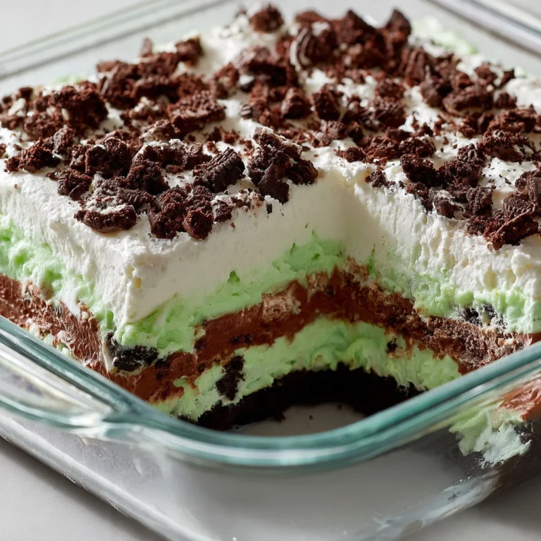 No-bake mint chocolate dessert lasagna layered with mint cream and chocolate