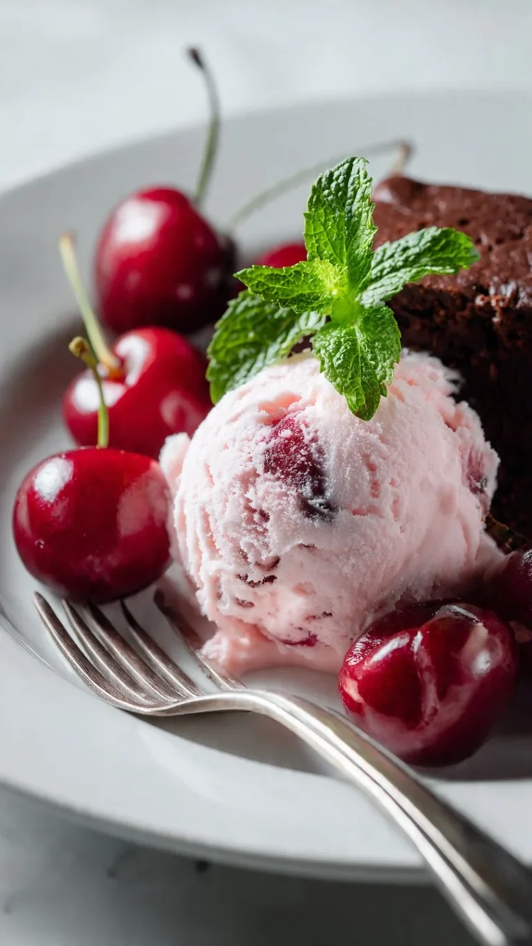 No-churn cherry chunk amaretto ice cream served in a bowl with cherries on top