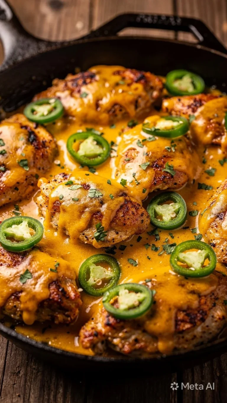 Delicious one pan cheesy jalapeño chicken garnished with fresh herbs