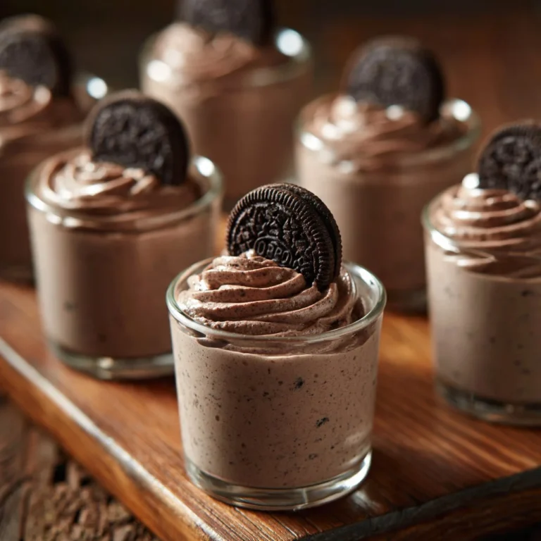 Deliciously creamy Oreo Mousse dessert topped with crushed Oreos and whipped cream