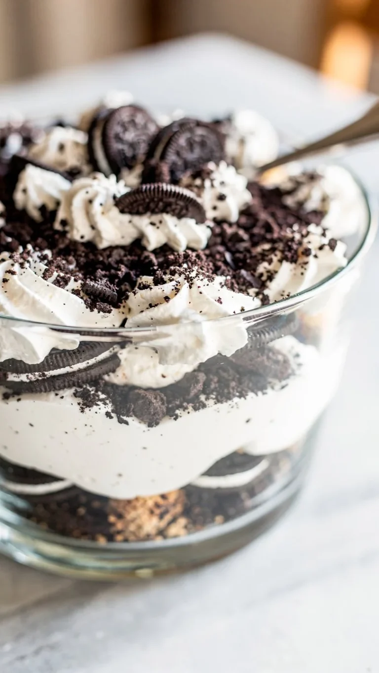 Delicious Oreo S'mores Trifle with layers of chocolate and marshmallows