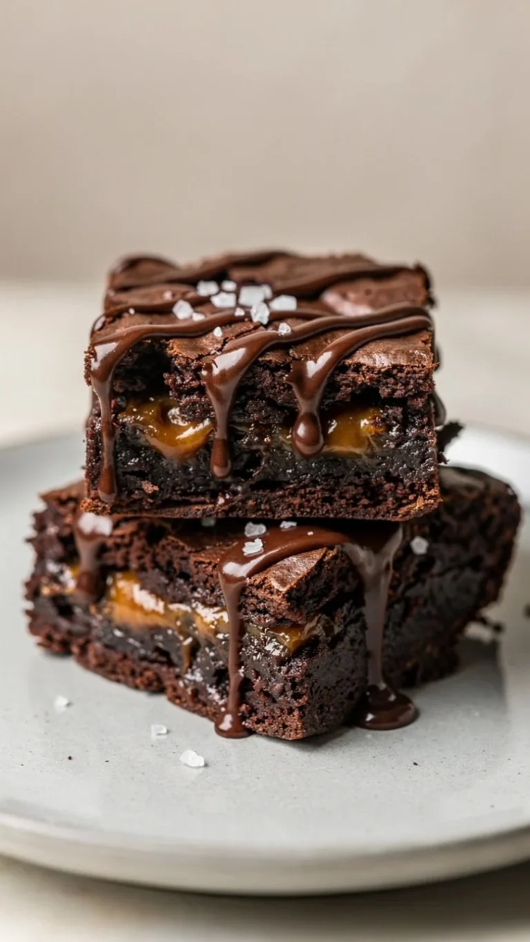 Decadent Snickers brownies topped with caramel and chocolate layers