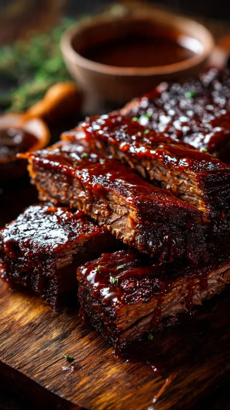 Oven-baked BBQ beef brisket served with sides on a wooden table