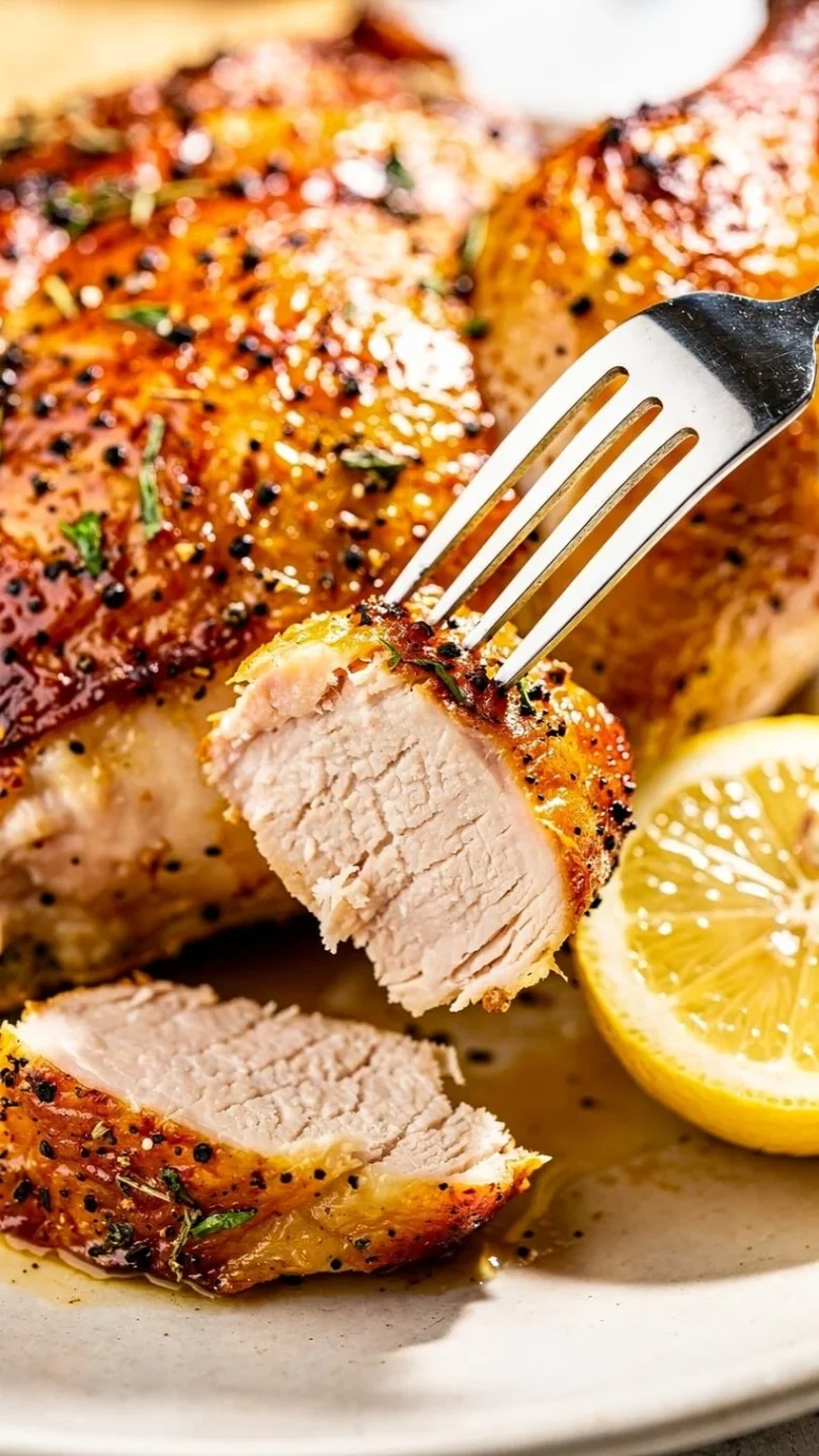 Oven baked boneless chicken breasts on a serving plate with herbs