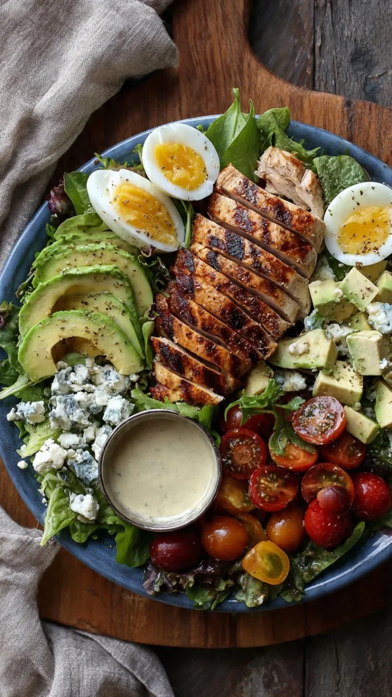 Paleo Grilled Chicken Cobb Salad with Honey Dijon Dressing on a plate