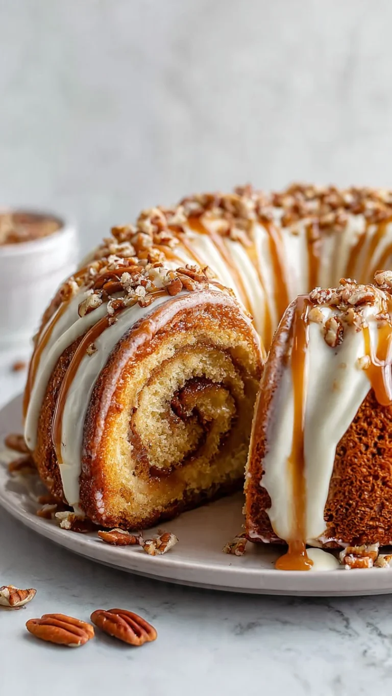 Pecan Caramel Cinnamon Roll Cream Cheese Pound Cake slice on a plate