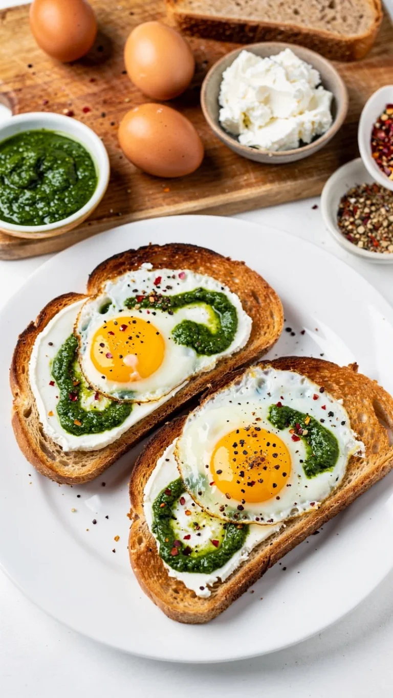 Pesto eggs with goat cheese served on toast, a delicious breakfast option