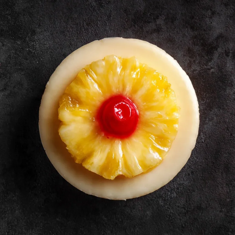 Fluffy pineapple upside-down pancakes topped with pineapple slices and cherries.