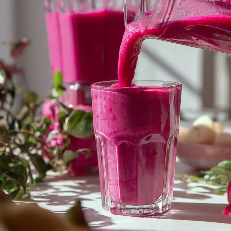 Colorful pitaya smoothie in a glass with fruits and seeds on a wooden table