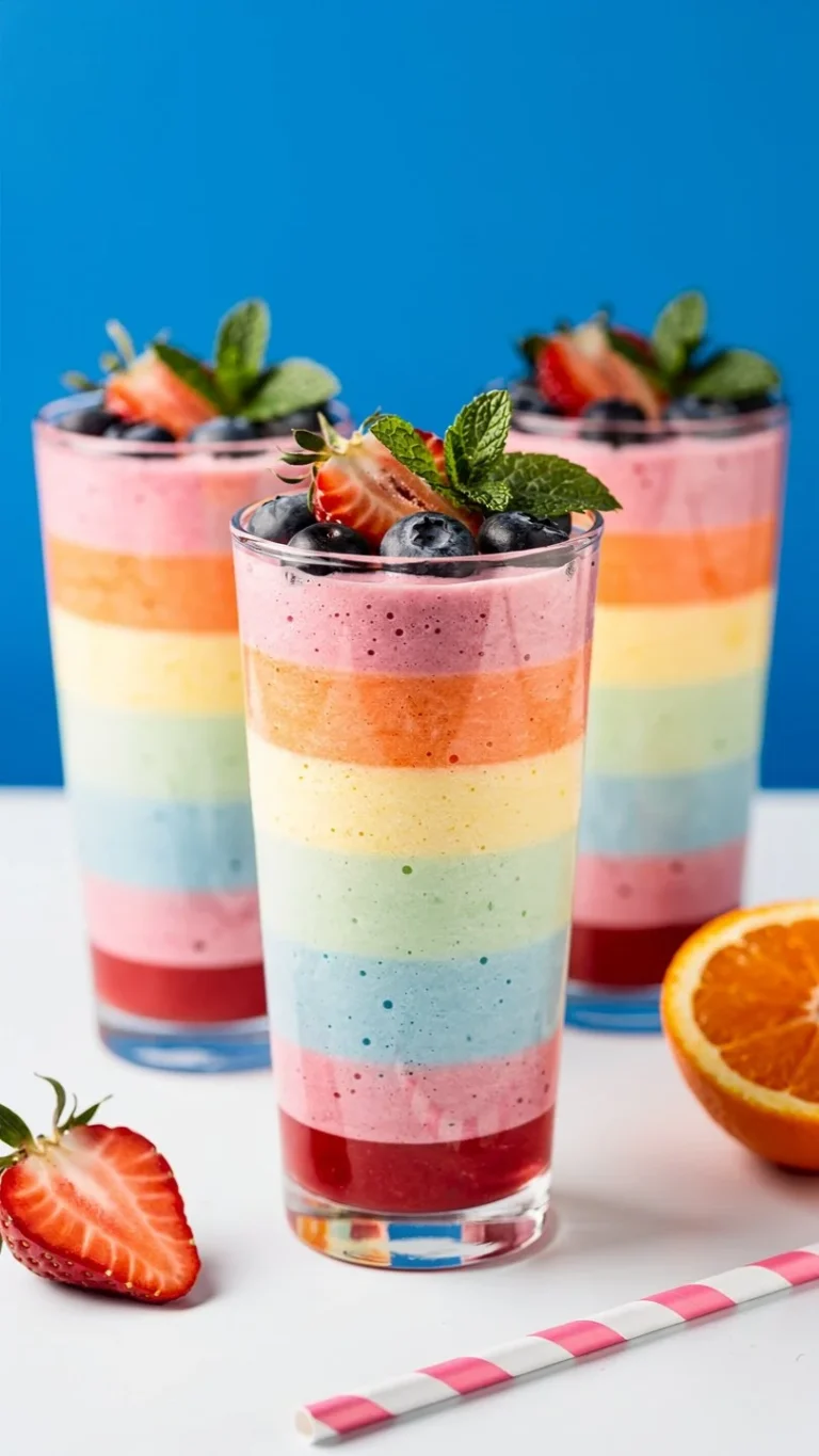 Colorful rainbow smoothie with layers of fruits in a glass