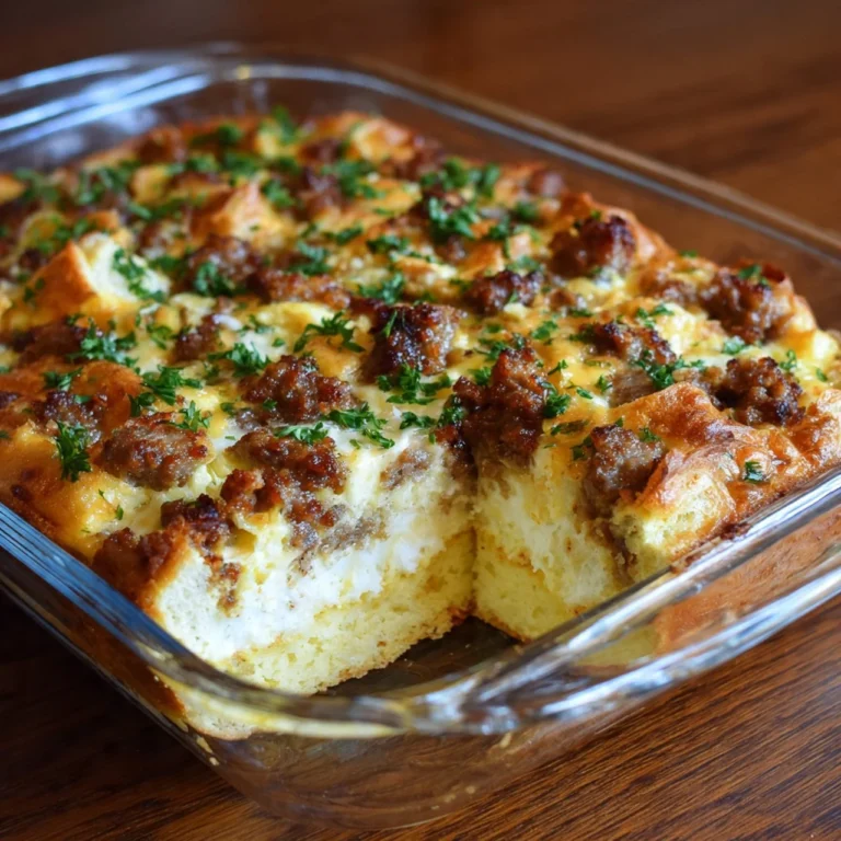 Delicious quick overnight sausage and egg casserole ready to serve