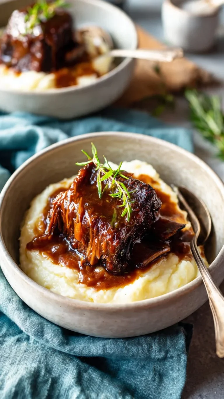 Delicious red wine braised short ribs served with herbs and vegetables.