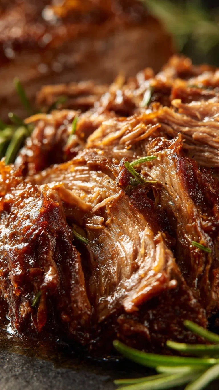 Juicy roast beef served with vegetables and gravy on a dinner plate.