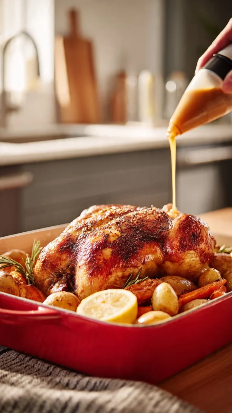 Delicious roasted chicken served with herbs and spices on a plate.