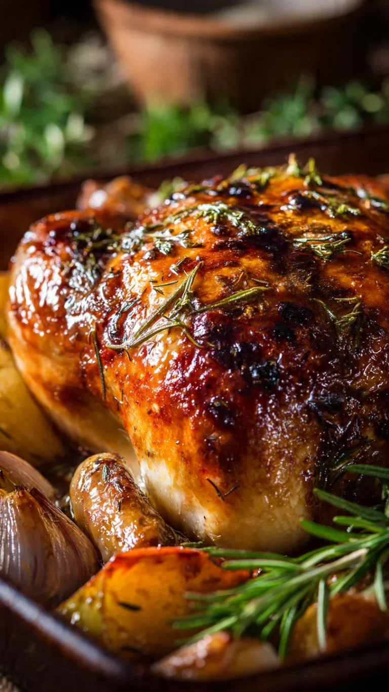 Perfectly roasted whole chicken with crispy skin and juicy meat.