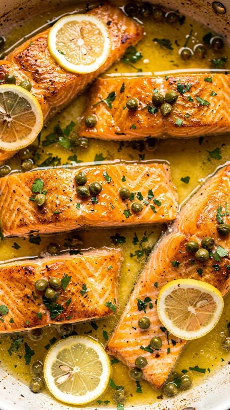 A plate of Salmon Piccata garnished with lemon slices and capers