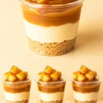 Salted caramel apple dessert cups topped with caramel and apple slices