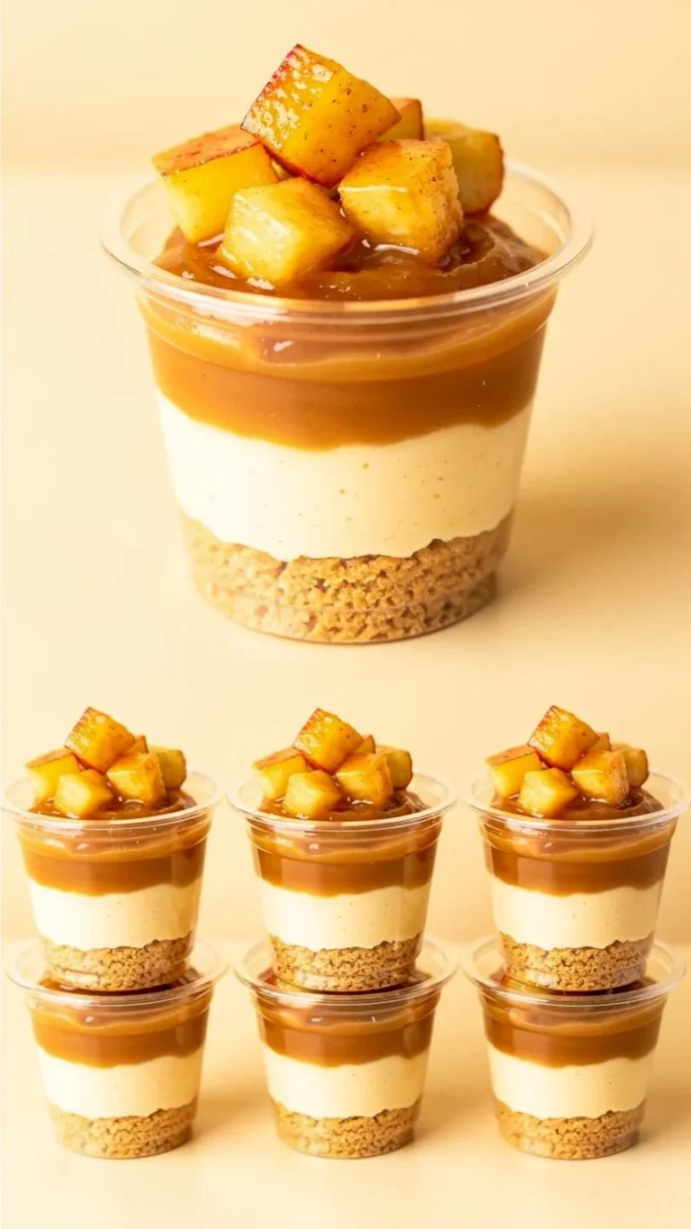 Salted caramel apple dessert cups topped with caramel and apple slices