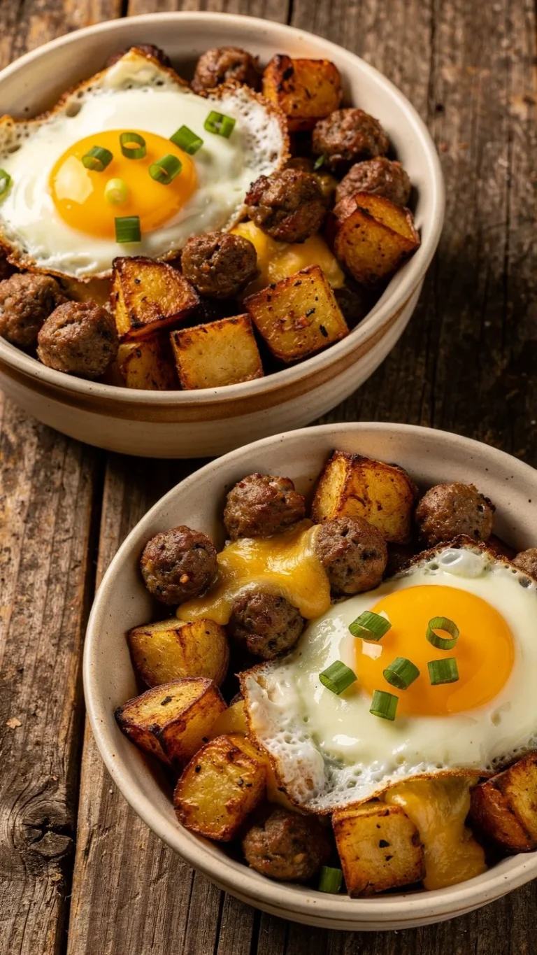 Delicious sausage and potato breakfast bowls ready to serve