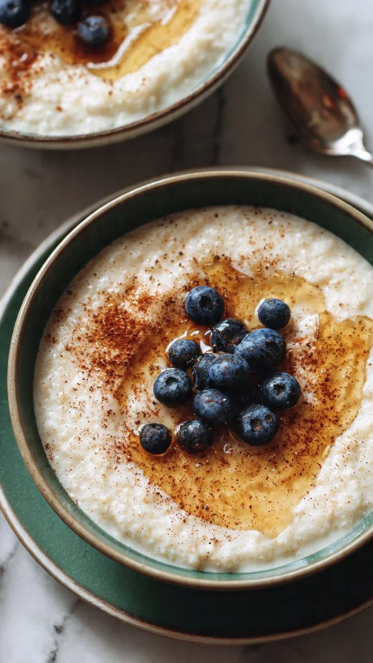 Bowl of creamy semolina porridge topped with fruits and nuts