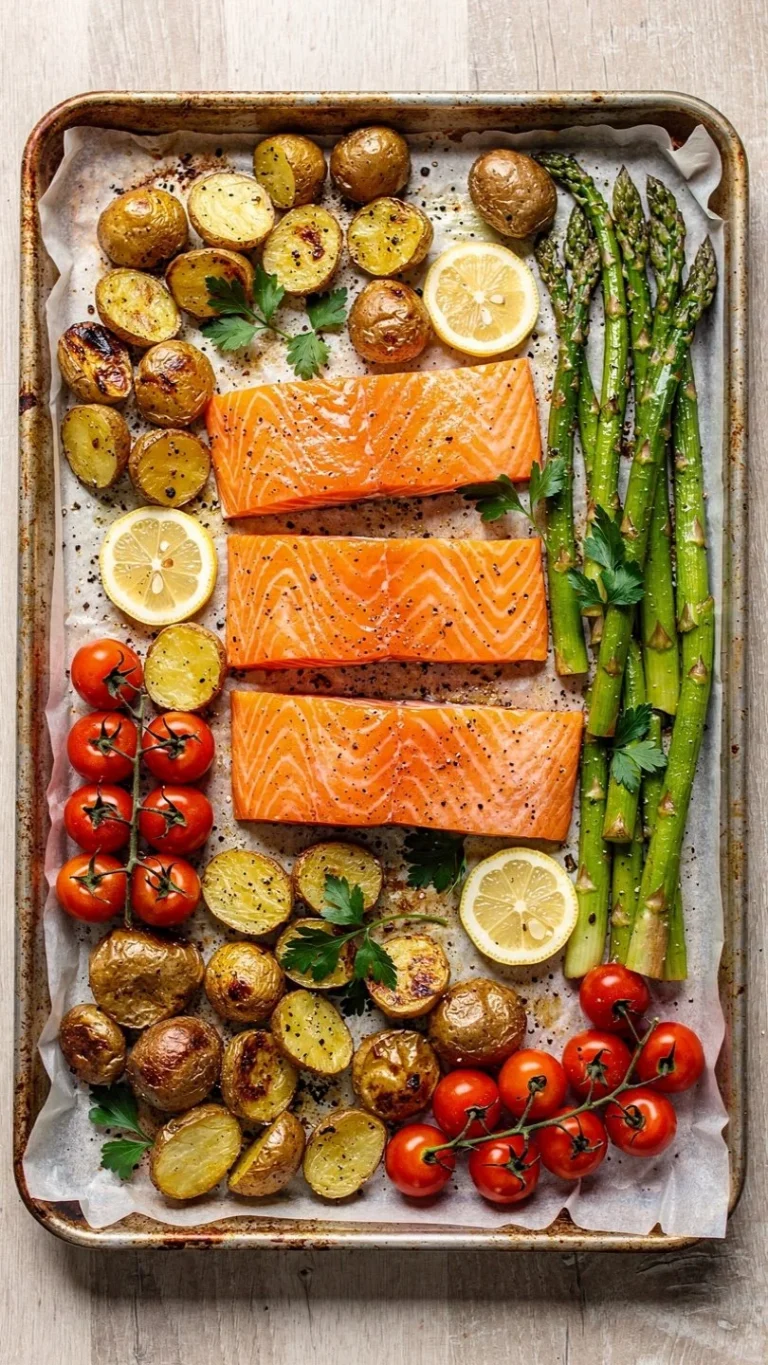 Sheetpan salmon and potatoes with assorted vegetables on a baking tray.