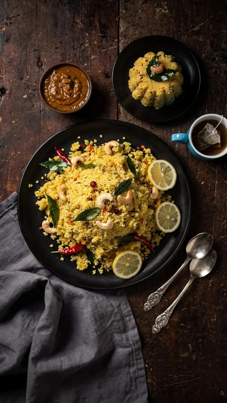 Delicious bowl of Rava Upma topped with fresh vegetables and herbs