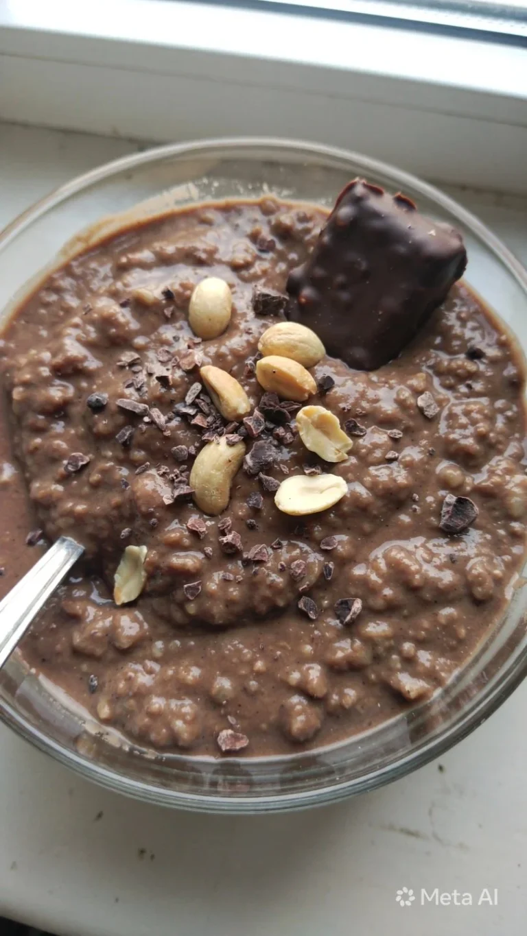 Bowl of Snickers Overnight Oats topped with chocolate and nuts