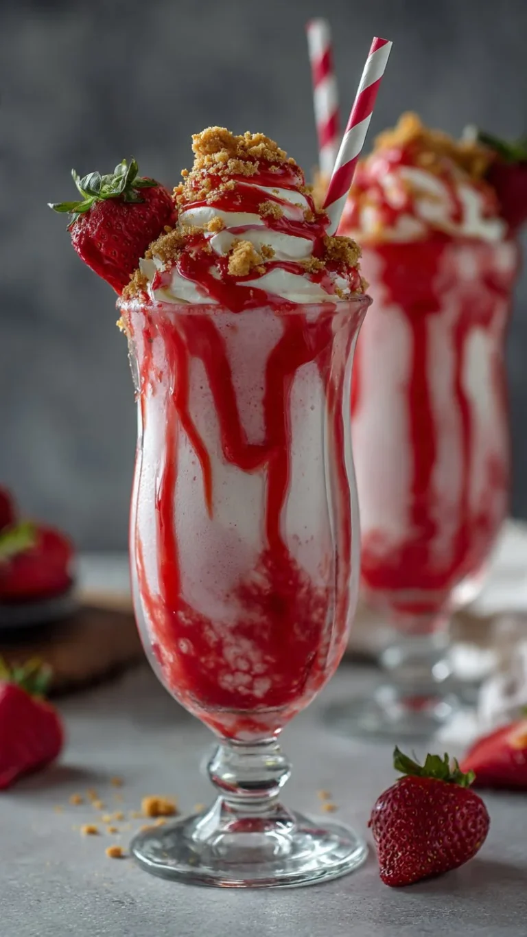 A delicious strawberry cheesecake milkshake topped with fresh strawberries and whipped cream.