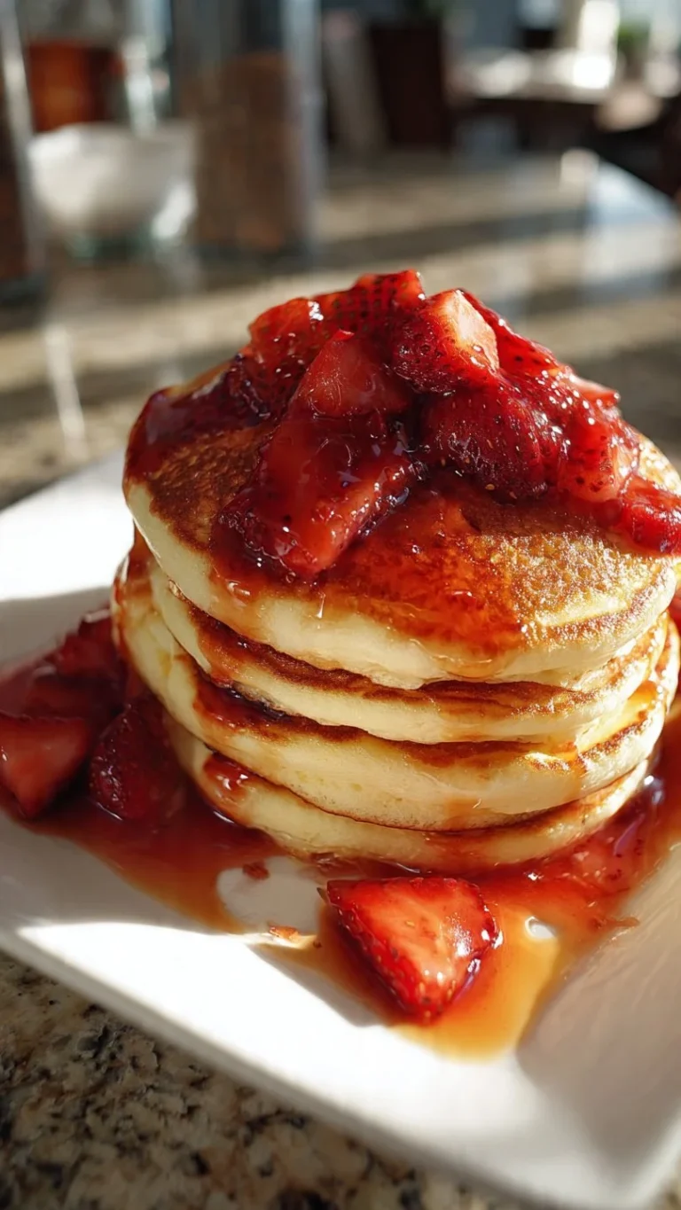 Delicious strawberry cheesecake pancakes topped with fresh strawberries and syrup.