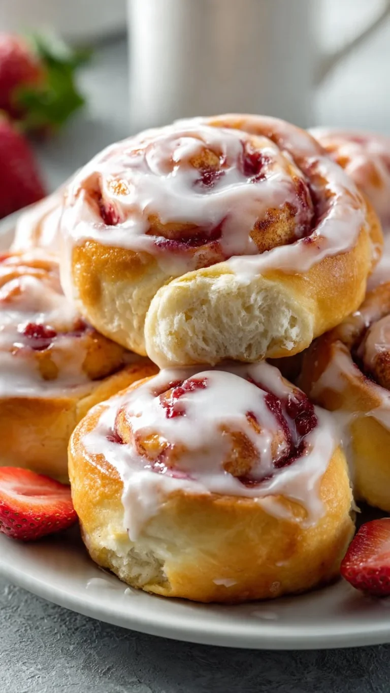Delicious strawberry cheesecake sweet rolls topped with fresh strawberries.