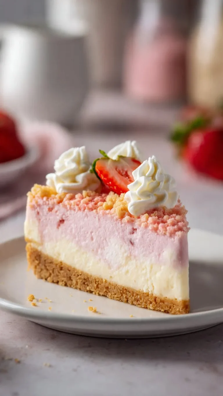 Delicious Strawberry Crunch Cheesecake topped with fresh strawberries and crunch topping.