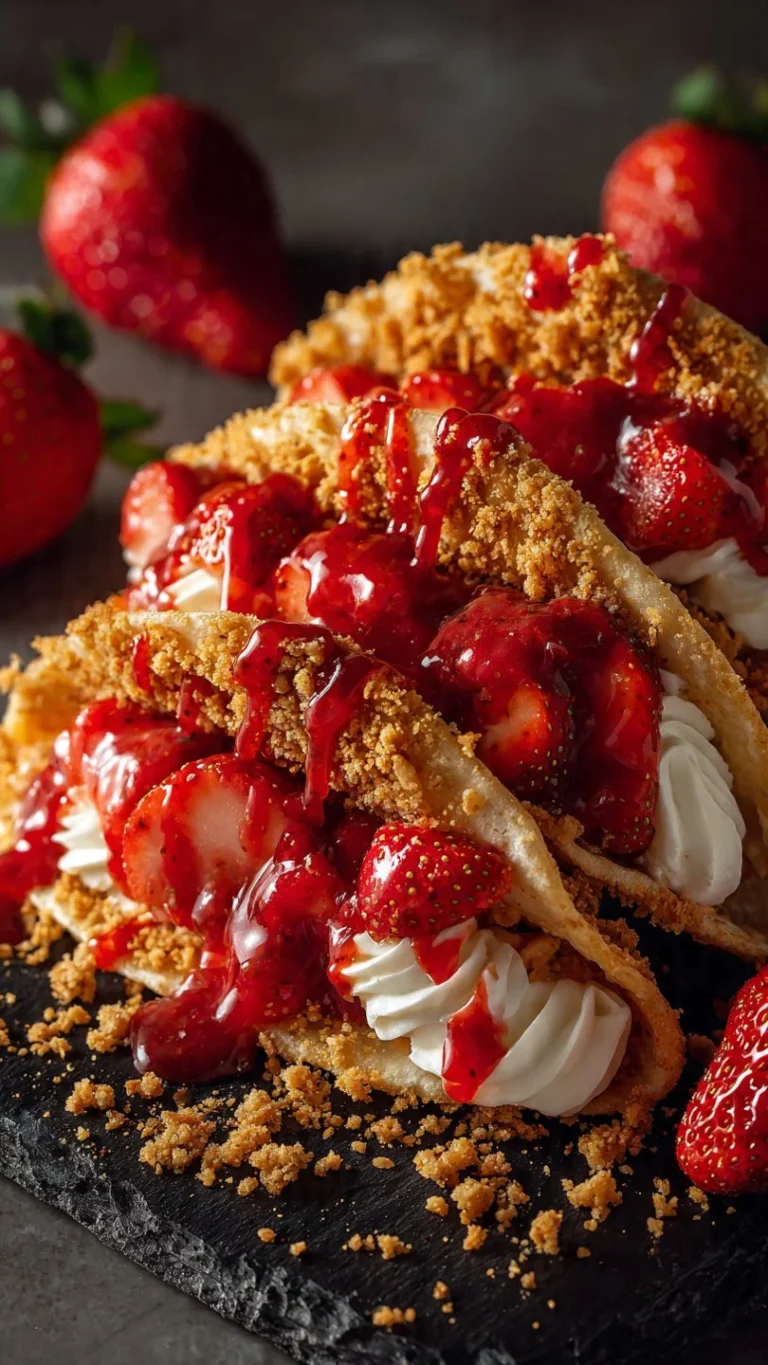 Strawberry Crunch Cheesecake Tacos served on a decorative plate.