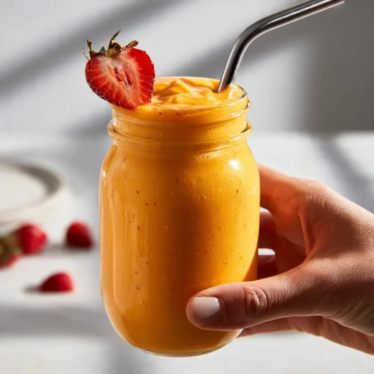 Delicious strawberry mango smoothie in a glass with fresh fruits.