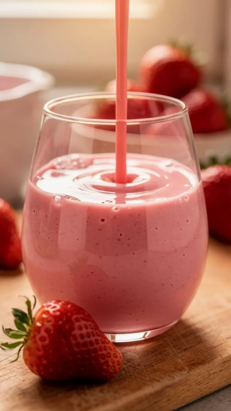 Delicious strawberry smoothie in a glass topped with fresh strawberries