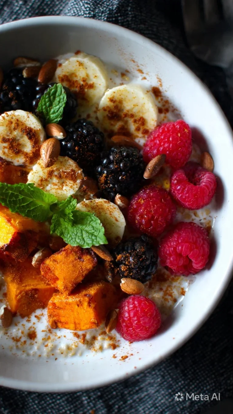 Delicious sweet potato breakfast bowl topped with fresh ingredients.