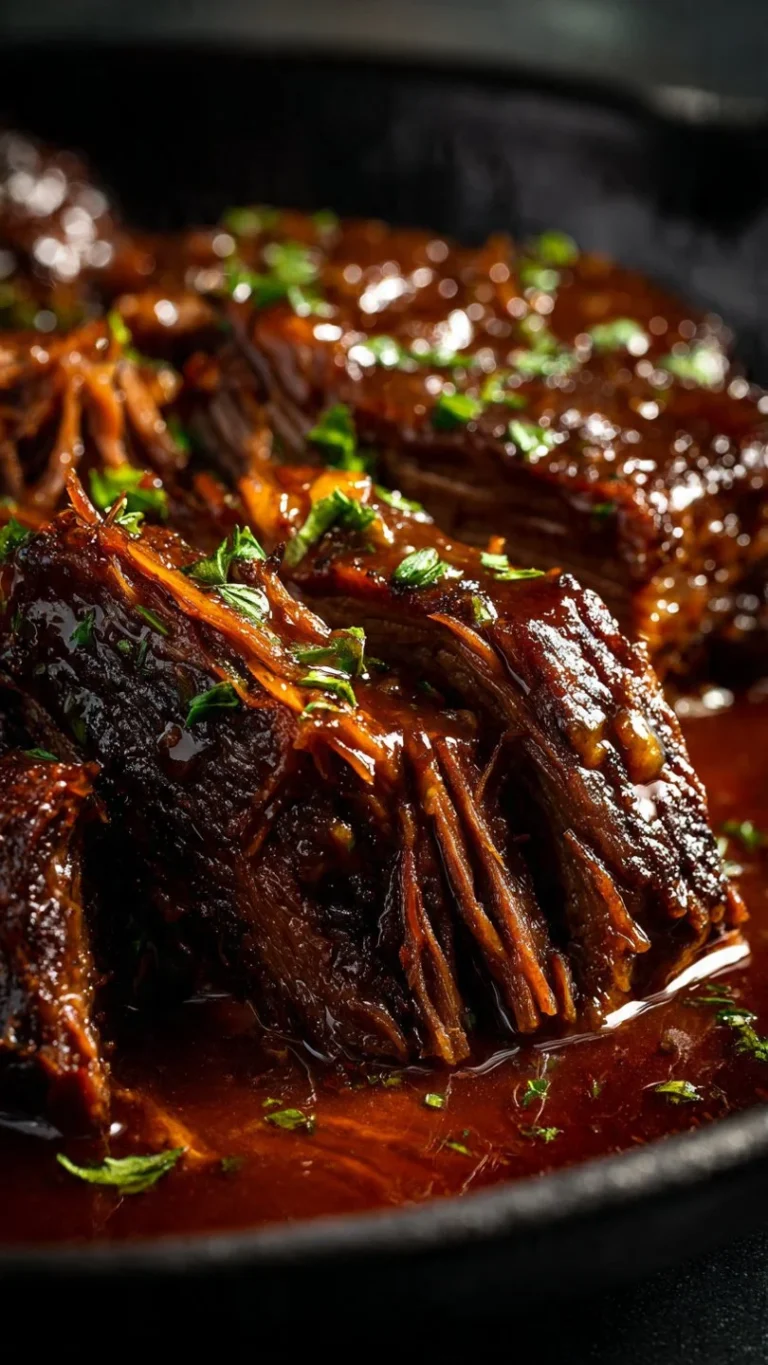Delicious sweet and spicy caramelized pulled beef brisket served on a platter.