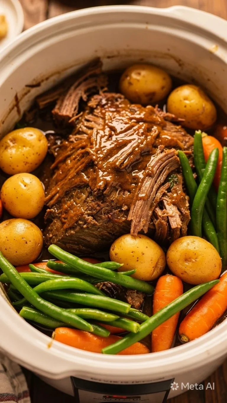 Tender Instant Pot pot roast with colorful vegetables prepared in a pressure cooker.