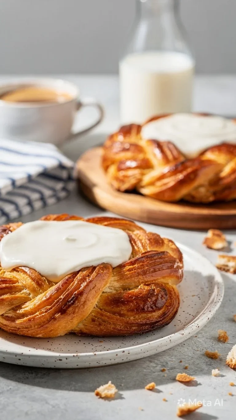 Delicious cream cheese Danish pastry on a plate with a cup of coffee