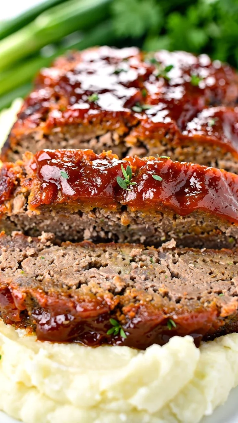 Delicious slice of the ultimate meatloaf on a plate with garnish.
