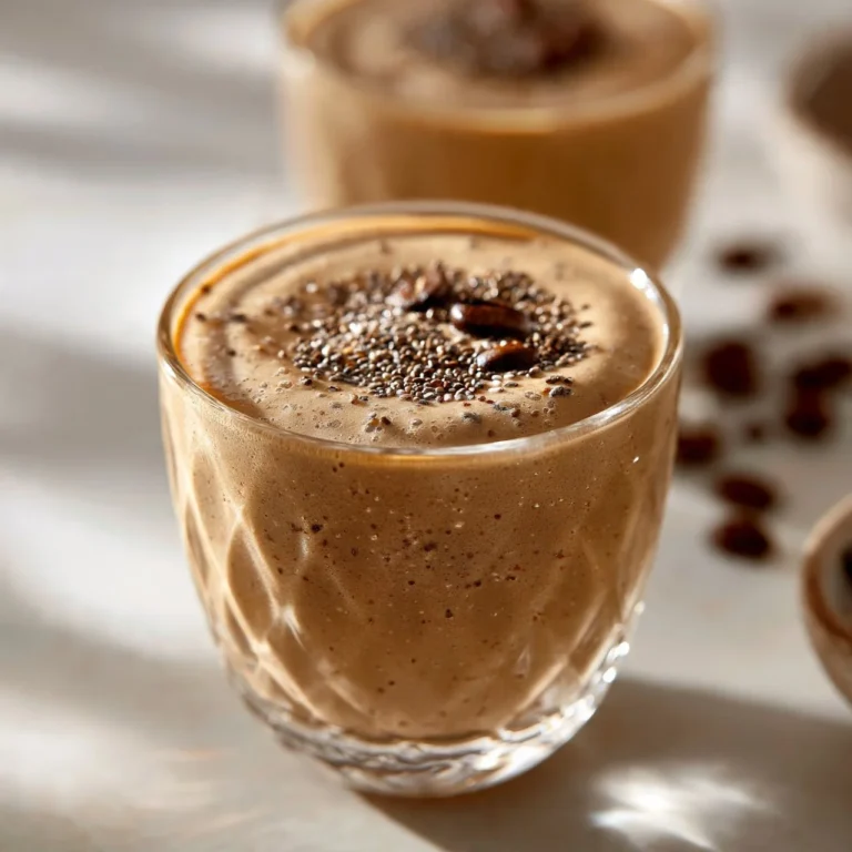 Delicious velvety coffee smoothie in a glass topped with whipped cream and coffee beans