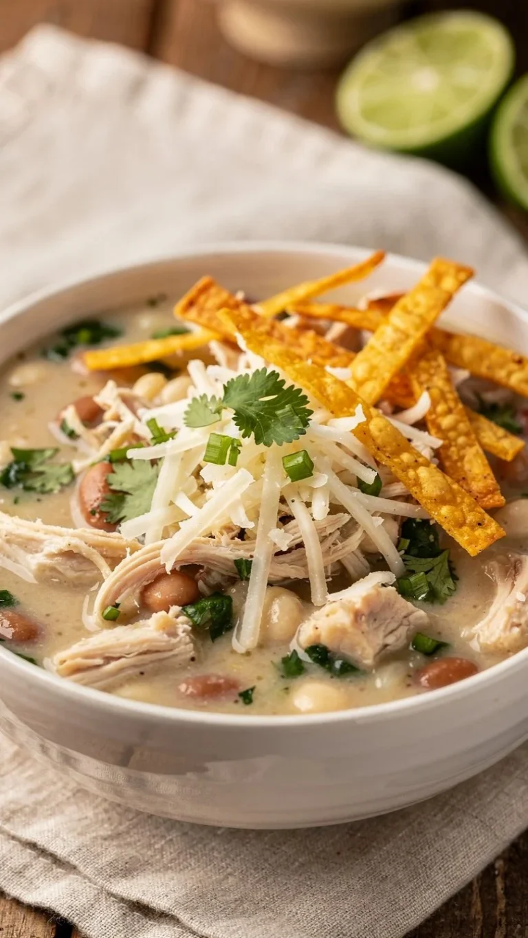 Bowl of delicious White Chicken Chili topped with cilantro.