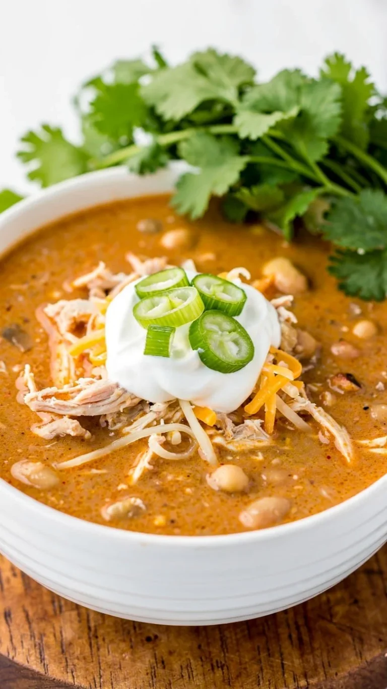Bowl of creamy white chicken chili garnished with cilantro and jalapenos