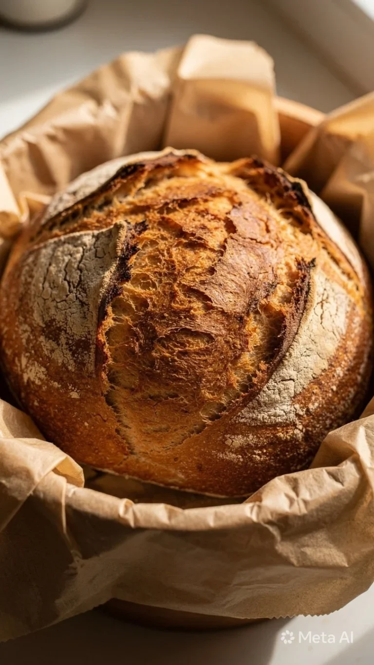 Artisan no-knead yeast bread loaf freshly baked and golden brown.